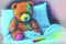 Upset sick teddy bear in bed, illustration