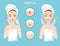 Upset woman with female facial skin problem needs to care about: infographic of pimples and stages of their treatment and clear