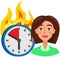 Upset woman near burning clock. Scared person before deadline. Shocked face of overworked lady