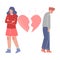 Upset Young Man and Woman Standing with Broken Heart, Breakup, Divorce Vector Illustration