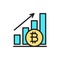 Upward graph, bitcoin coin, cryptocurrency flat color icon.