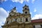 Upward view on towers of famous late baroque Basilica of Our Lady of Seven Sorrows in Sastin Straze, western Slovakia.