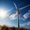 Upward view Wind turbine with a sun induced mesmerizing lens flare