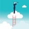 Upwards. Businessman standing on a cloud