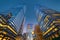 Upwards view of New York skyscrapers at dusk