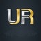 UR - initials, gold logo inlaid with silver. U and R - Metallic 3d icon or logotype template. Design element with lineart option.