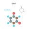 Uracil. Chemical structural formula and model of molecule. C4H4N2O2