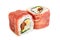 Uramaki maki sushi with procsiutto, two rolls on white