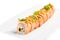 Uramaki sushi roll with smoked salmon, avocado, cream cheese, to