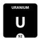Uranium symbol. Sign Uranium with atomic number and atomic weight. U Chemical element of the periodic table on a glossy white