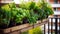 Urban Balcony Herb Garden: Lush Vertical Planters in City Apartment Setting. Generative ai