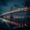 Urban beauty Cityscape lights reflecting on water under a suspension bridge