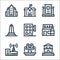 urban building line icons. linear set. quality vector line set such as house, fountain, bar, hotel, obelisk, police station,