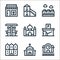 urban building line icons. linear set. quality vector line set such as train station, church, building, garage, mosque, gas