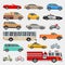 Urban, city cars and vehicles transport vector flat icons set