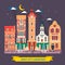 Urban city night landscape Town skyline Flat illustration