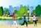 Urban city park outdoors man woman running wooden bench street lamp river green lawn trees on city buildings template