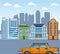 Urban city scenery with classic buildings and yellow car, colorful design