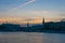 Urban cityscape of Copenhagen, silhouette of downtown at sunset