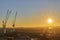 Urban cityscape with cranes in sunset with sun rays, Edinburgh, Scotland, United Kingdom.