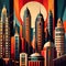 Urban cityscape with skyscrapers in retro modern vintage art deco illustration