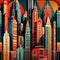 Urban cityscape with skyscrapers in retro modern vintage art deco illustration