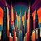 Urban cityscape with skyscrapers in retro modern vintage art deco illustration