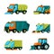 Urban cleaning cars. city harvesting machines trucks with garbage containers tractors. Vector cartoon vehicles