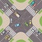 Urban crossroad with cars and pedestrian paths. City intersection with pedestrian zebra lines. Top view of crossroads. Cityscape