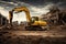 Urban Decay: Yellow Excavator Dominates Abandoned Industry Scene.