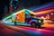 Urban Delivery vibrant image of a colorful delivery truck speeding through the city streets at night, the bright lights