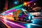 Urban Delivery vibrant image of a colorful delivery truck speeding through the city streets at night, the bright lights