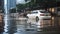 Urban Deluge - Cars Parked Amidst Rising Street Floodwaters. Generative AI