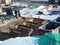 urban development. construction site in winter during the day. workers in uniform prepare the scaffolding