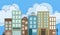 Urban downtown district with apartments restaurants and shops with hand drawn detail lamppost bench flowers and outlined clouds an