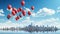 Urban Dreams: Red Balloons Soaring Above the Blurry Skyline