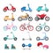 Urban eco transport illustrations set. Summer activities concept. Scooters, bicycles, roller-skates, skateboard, helmet