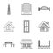 Urban edifice icons set, outline style