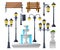 Urban elements set. Street lamps, fountain, park benches and wastebaskets. Vector illustration