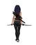 Urban fantasy woman with purple hair and tattoos wearing black goth outfit walking away with a sword in each hand. 3D rendering