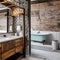 Urban Farmhouse Bathroom: An urban farmhouse-style bathroom with a clawfoot bathtub, subway tiles, and repurposed wooden shelves