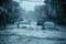 Urban Flooding After Heavy Rain with Cars Submerged on a Residential Street