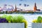 Urban flower pots with Riga old town skyline