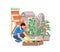 Urban gardening flat vector illustration. Male gardener planting herbs cartoon character. Greening, landscaping. Garden