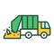 Urban green garbage truck line color icon. Residential and commercial waste. Outline pictogram for web page, mobile app