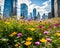 Urban green space with vibrant wildflowers in foreground, bokeh effect on towering skyscrapers in background. Generative ai
