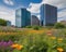 Urban green space with wildflowers. skycrapper on the background. generative ai