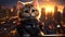 Urban Guardian: Gray Work Cat in Overalls on City Rooftops During Sunrise or Sunset AI Generated