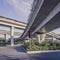 Urban highway overpass covered with plants and copy space for yo