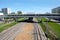 Urban industrial landscape railroad tracks and platform on sunny summer day